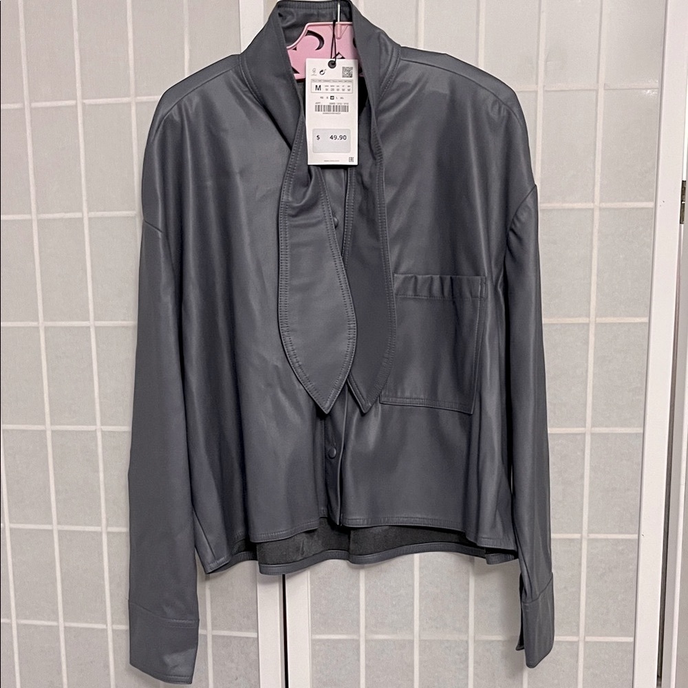 Zara Women's Dark Grey Faux Leather Tie Shirt - Picture 3 of 7